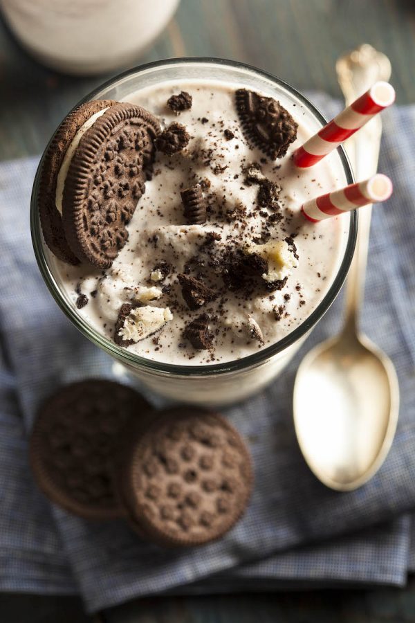 Up close image of oreo milkshake with oreos on top.