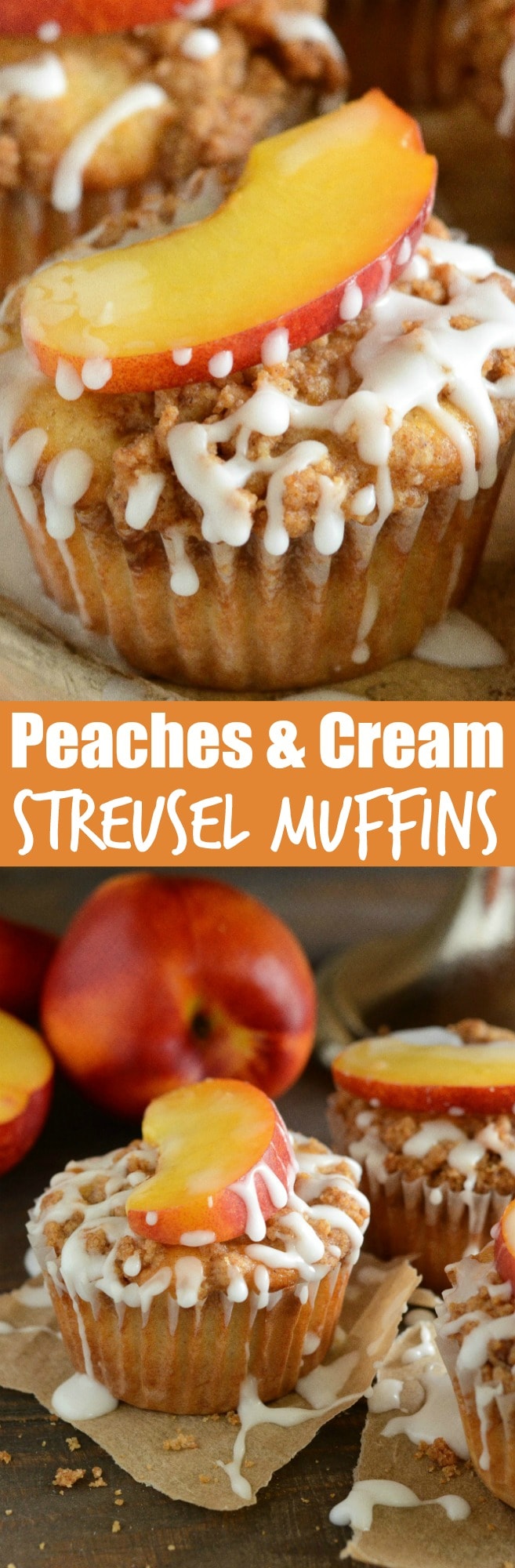 Peaches & Cream Streusel Muffins: tender muffins loaded with fresh peaches and cinnamon are topped with a sweet streusel topping and creamy vanilla icing.