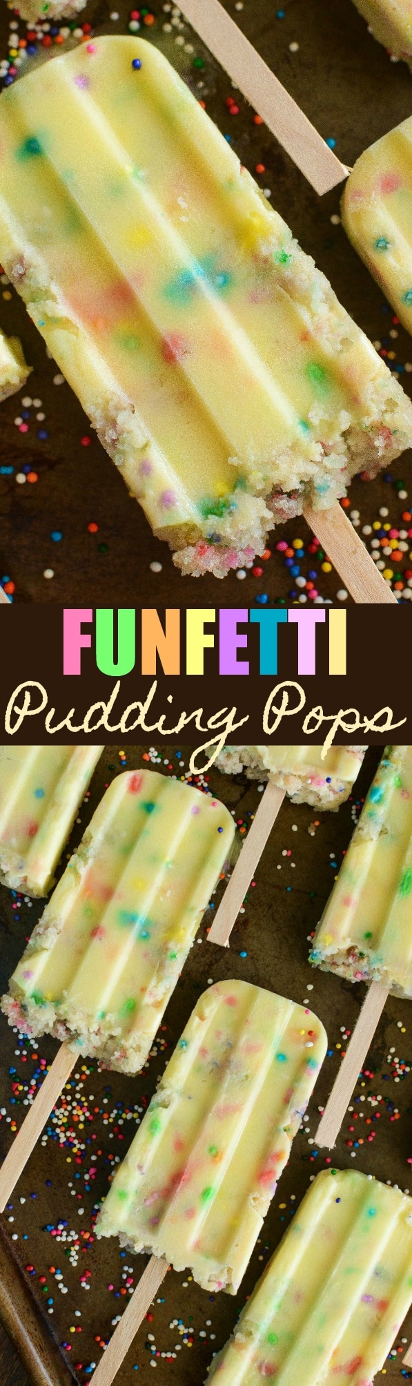 A Collage of Two Images of Funfetti Cake Pudding Pops