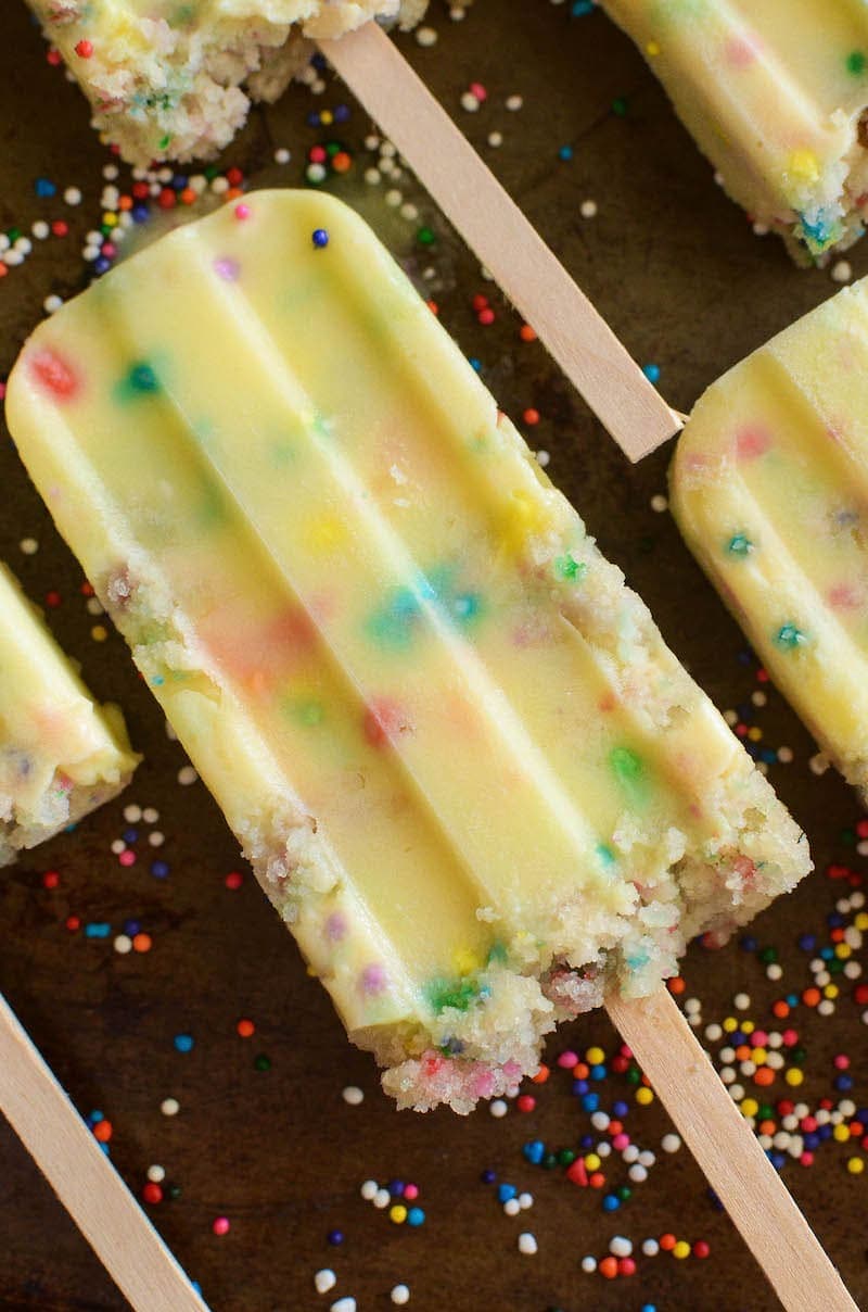 A Close-Up Shot of a Funfetti Cake Popsicle on a Metal Pan