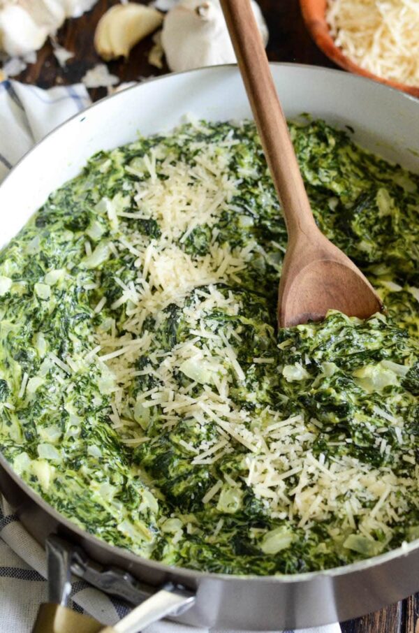 Creamed spinach recipe with parmesan cheese for a keto side dish.