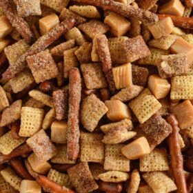 Churro Chex Mix: is absolutely addicting with it’s sweet cinnamon sugar coated chex mix, salted pretzels and caramel bites all mixed together in one bite!