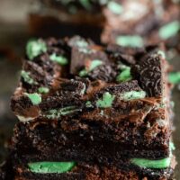 Fudgy brownies with mint Oreos and Andes mints on top.