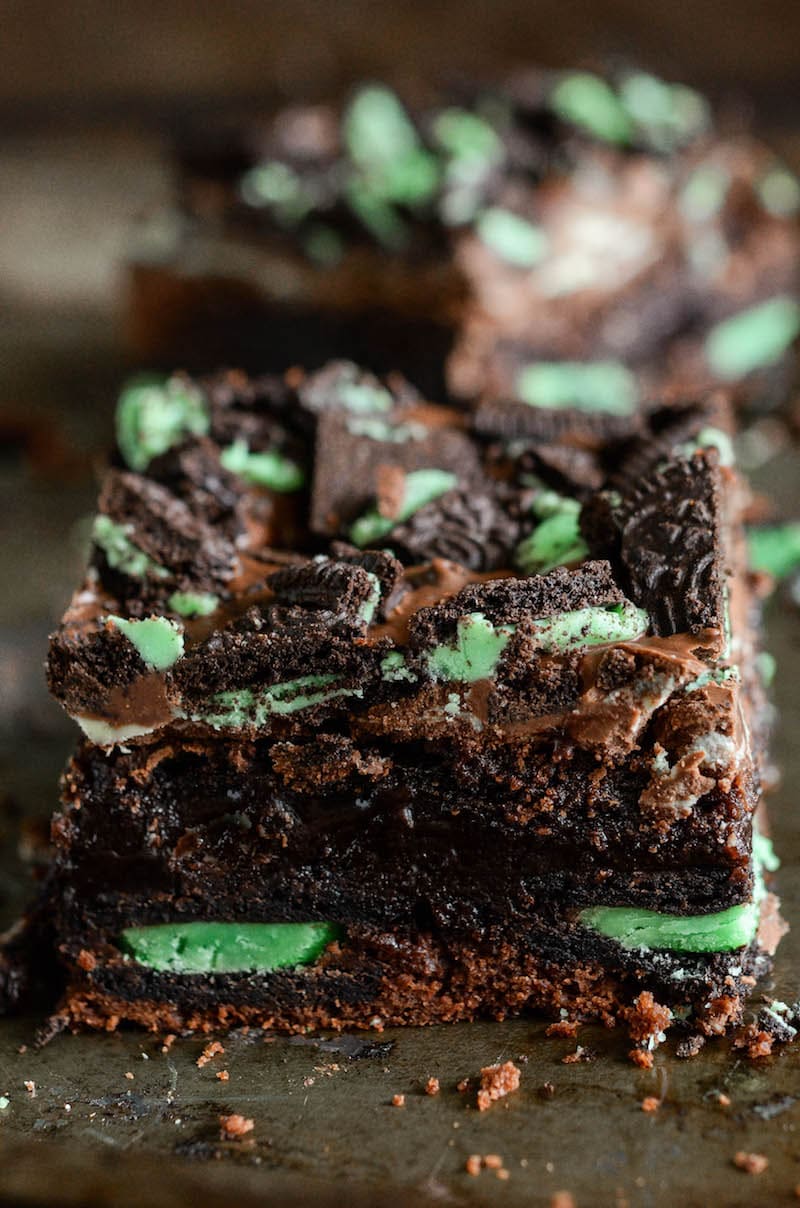 Fudgy brownies with mint Oreos and Andes mints on top.