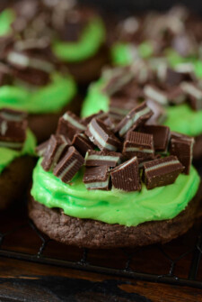 These Andes Mint Chocolate cookies are soft and topped with candy crumbles and smooth mint icing.