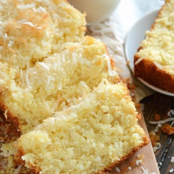 Pineapple Coconut Quick Bread: this sweet tropical quick bread is full of flaky coconut, bites of pineapple, and it can be served for breakfast or dessert!