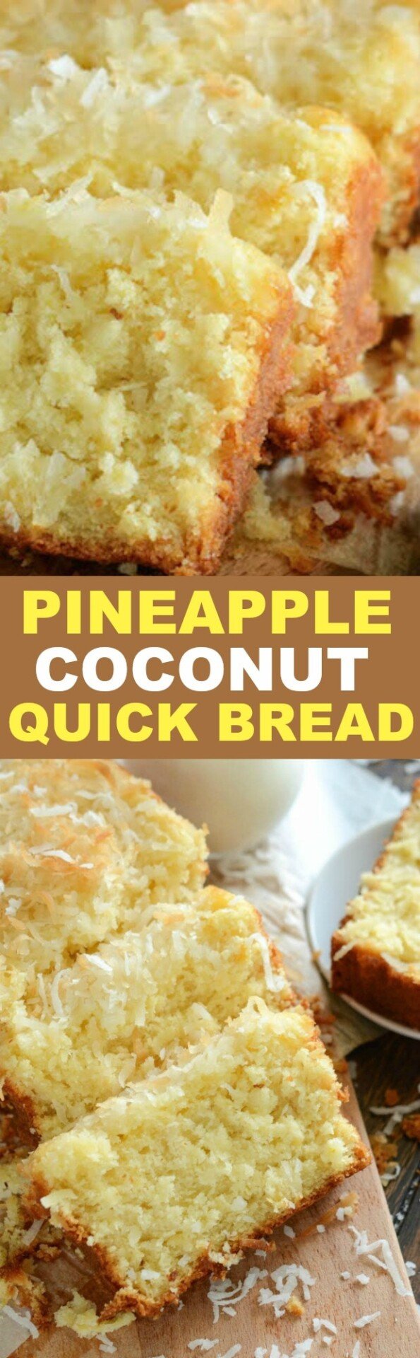 Pineapple Coconut Quick Bread: this sweet tropical quick bread is full of flaky coconut, bites of pineapple, and it can be served for breakfast or dessert!