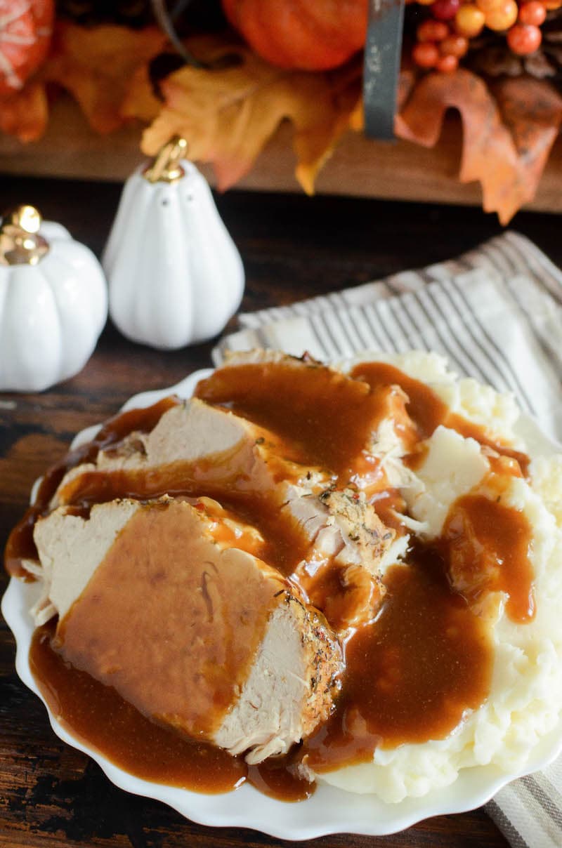 A plate of Instant Pot turkey and gravy