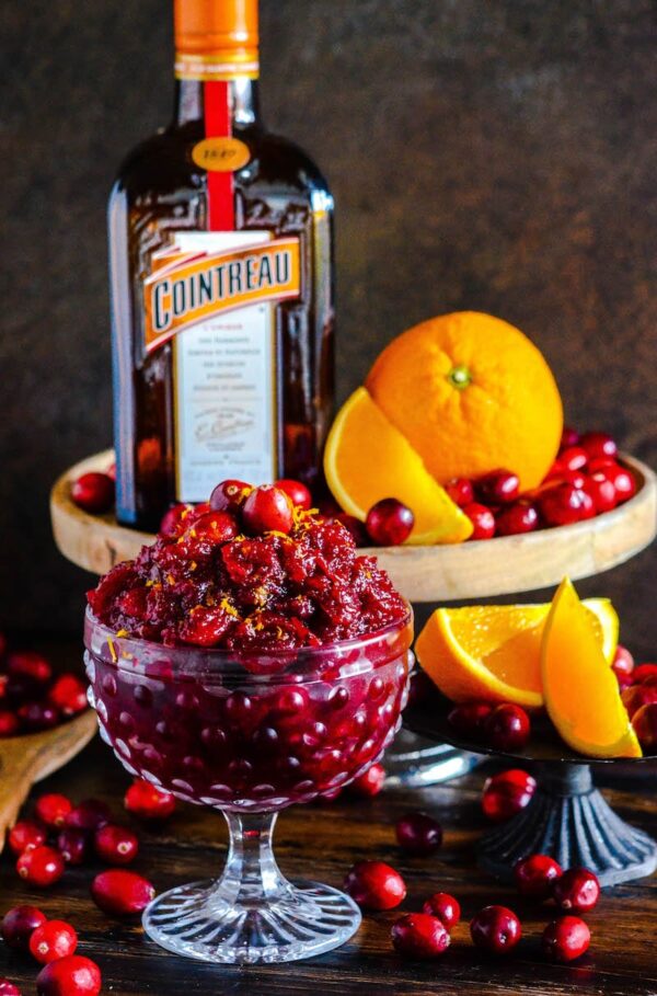 Cranberry Relish in a crystal bowl with oranges, cranberries and cointreau.