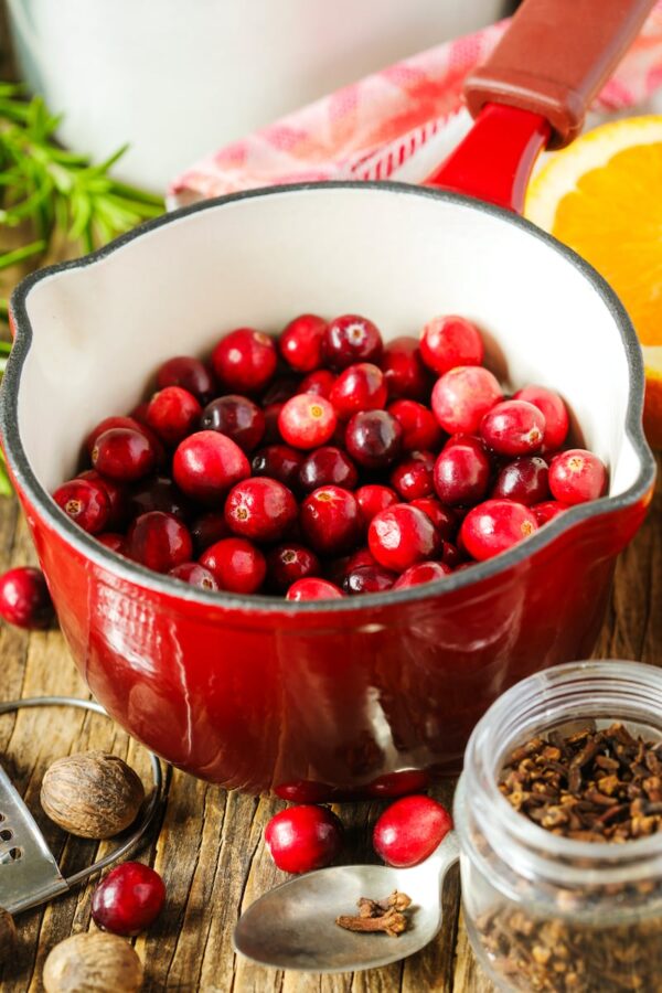 Cranberries in pot ready to be made into cranberry relish.