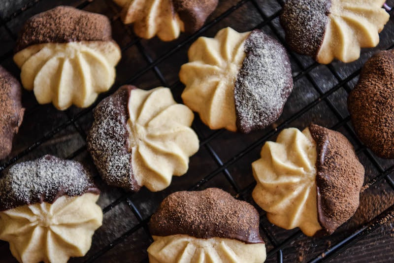 Ten Malted Shortbread Cookies with Half of Each Cookie Covered in Chocolate