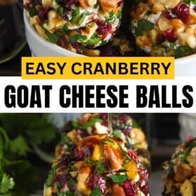 Cranberry goat cheese balls presented on a flat surface and in a bowl.