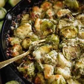 Creamy Brussels Sprouts Bake! My families favorite low carb vegetable side dish. Tons of flavor and tons of creamy cheese! #LowCarb #Keto