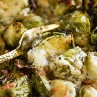 Creamy Brussels Sprouts Bake! My families favorite low carb vegetable side dish. Tons of flavor and tons of creamy cheese! #LowCarb #Keto