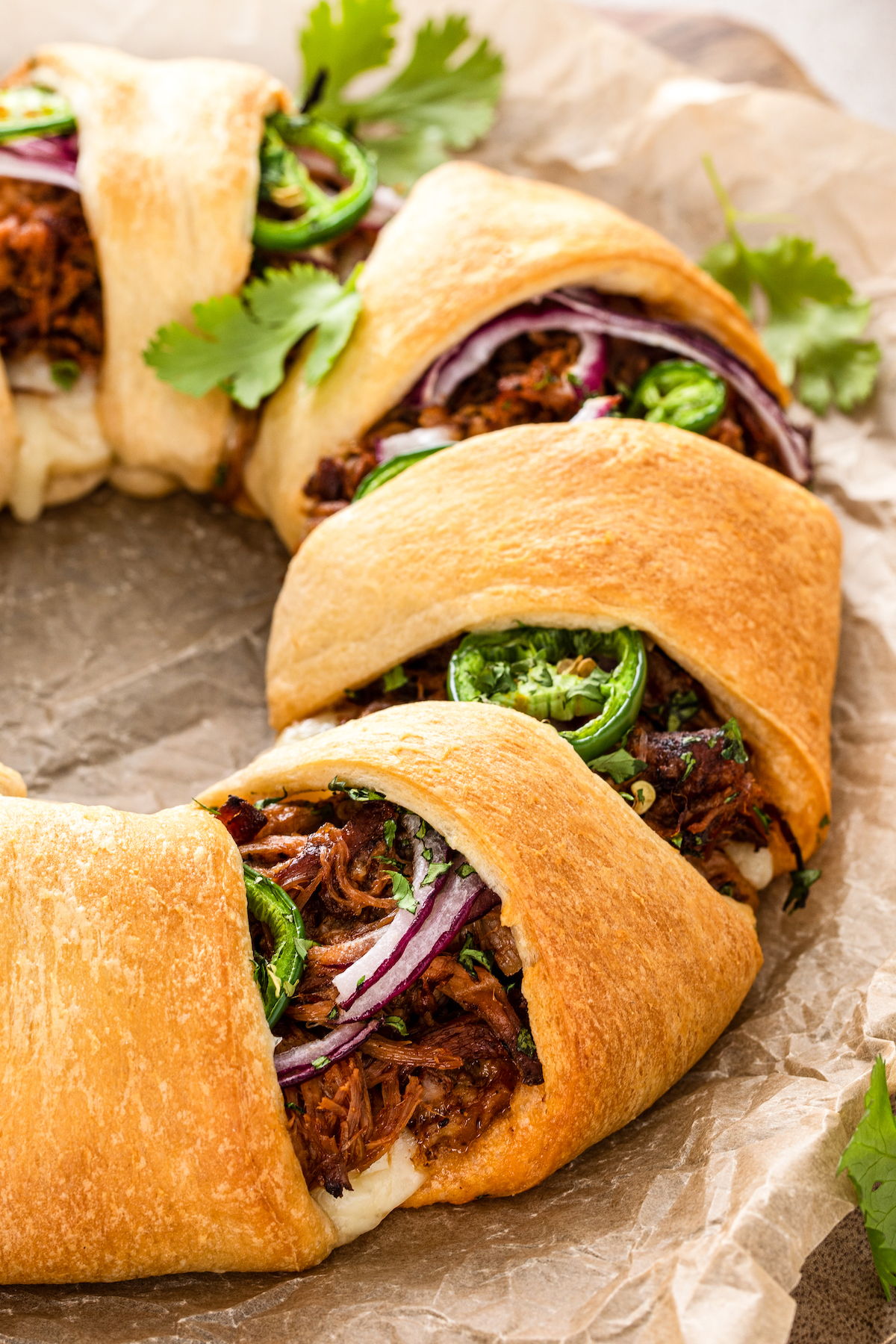 Close-up of pulled pork appetizer.