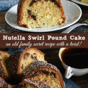 Photo collage of sliced Nutella Swirl Pound Cake on white serving platters