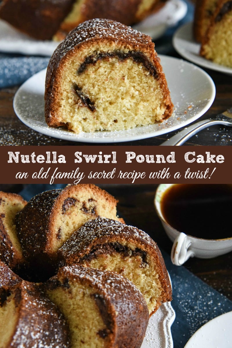 Nutella Swirl Pound Cake: classic buttery vanilla pound cake is swirled with rich nutella! #Nutella #Cake #PoundCake
