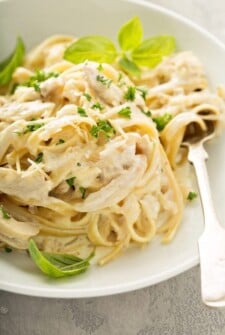 Pasta and chicken in creamy sauce in a bowl.