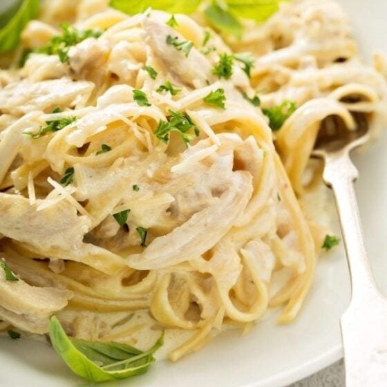 Pasta and chicken in creamy sauce in a bowl.