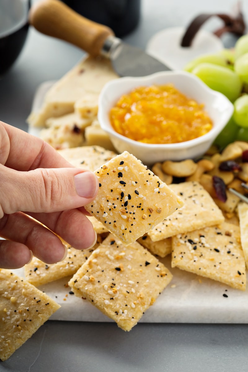 Close of crispy, freshly baked low carb crackers. 