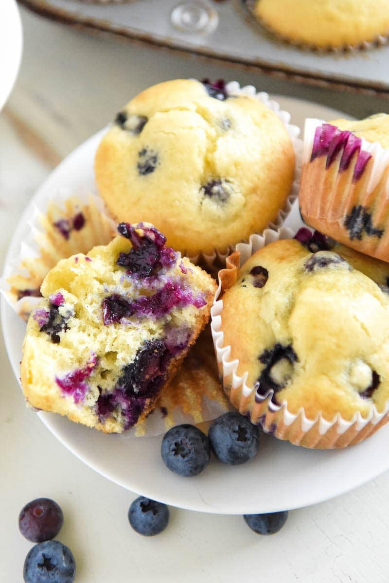 Homemade Blueberry Muffins Piled Up Onto a Small White Plate