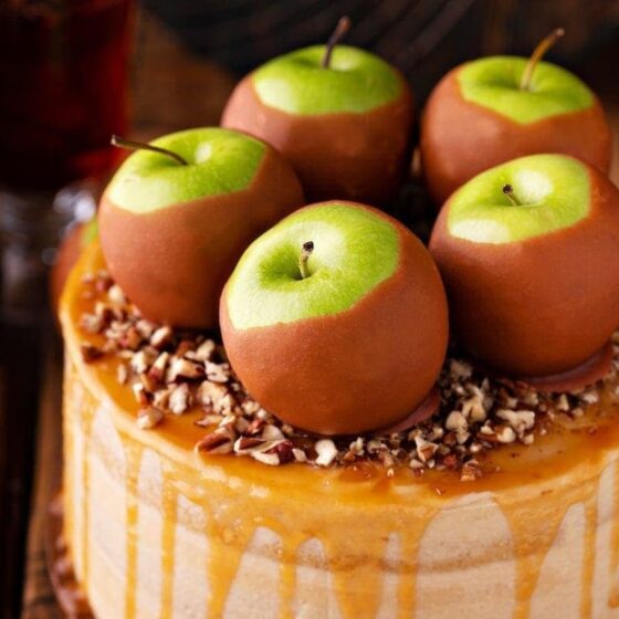 Recipe card photo for caramel apple cake.