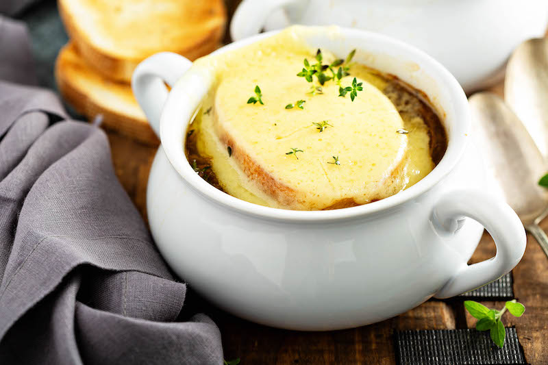 Slow Cooker French Onion Soup with Cheese on top.