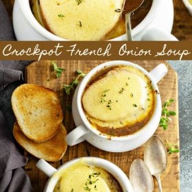 Crockpot French Onion Soup in a white crocks - soup covered in cheese