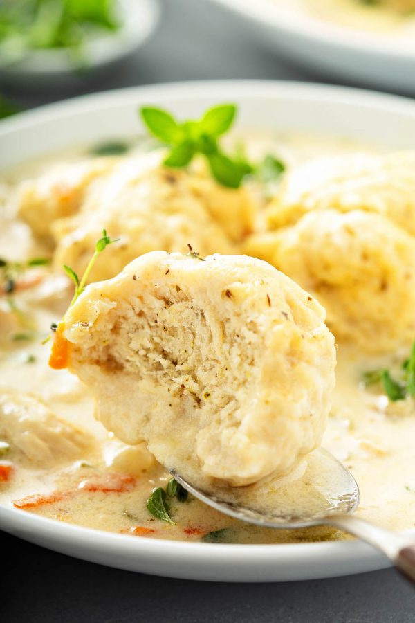 Chicken and Dumplings in a bowl with a bite taken out of a dumpling. 