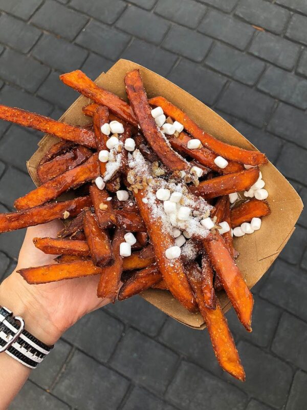 Sweet Potato Poutine: Sweet Potato Fries with Caramel Sauce, Mini Marshmallows and Pecans at Epcot Food & Wine Festival 