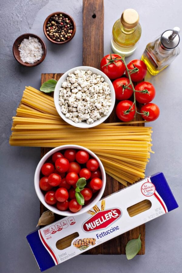 Ingredients for Pasta with Roasted Cherry Tomatoes on a platter.