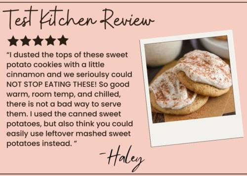 A review card with a 5-star rating and a photo of sweet potato cookies topped with icing and cinnamon. The text highlights these cookies as irresistible, easy to make with canned or leftover sweet potatoes, and perfect for any occasion.