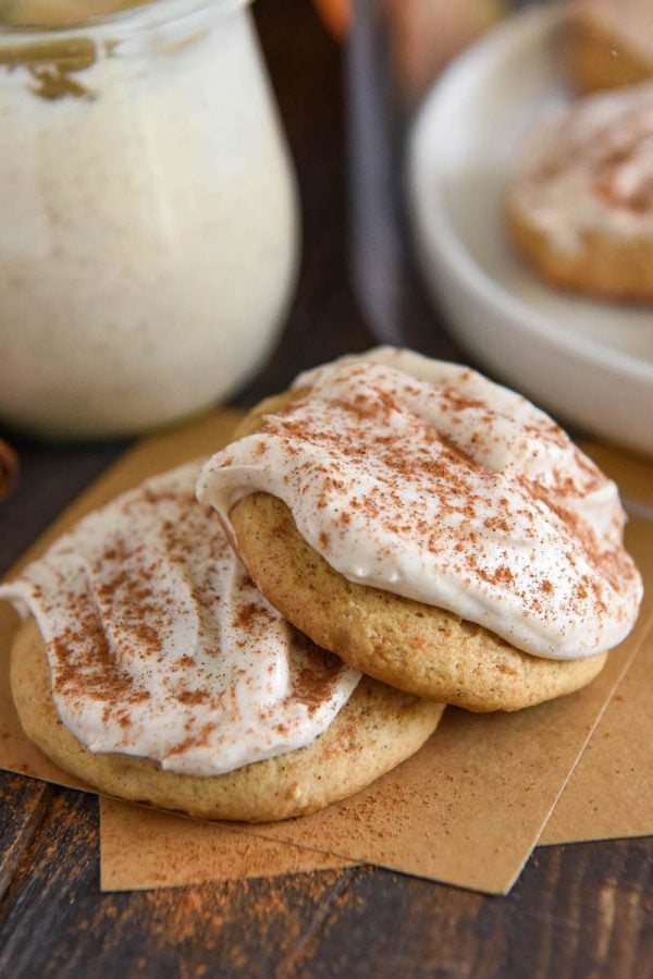 Two sweet potato cookies loaded with cinnamon cream cheese frosting.