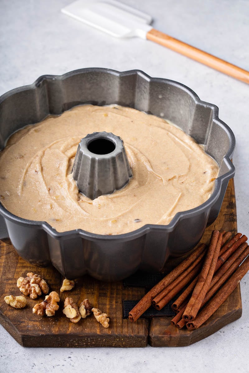 Walnut Rum Cake batter in bundt pan before baking.