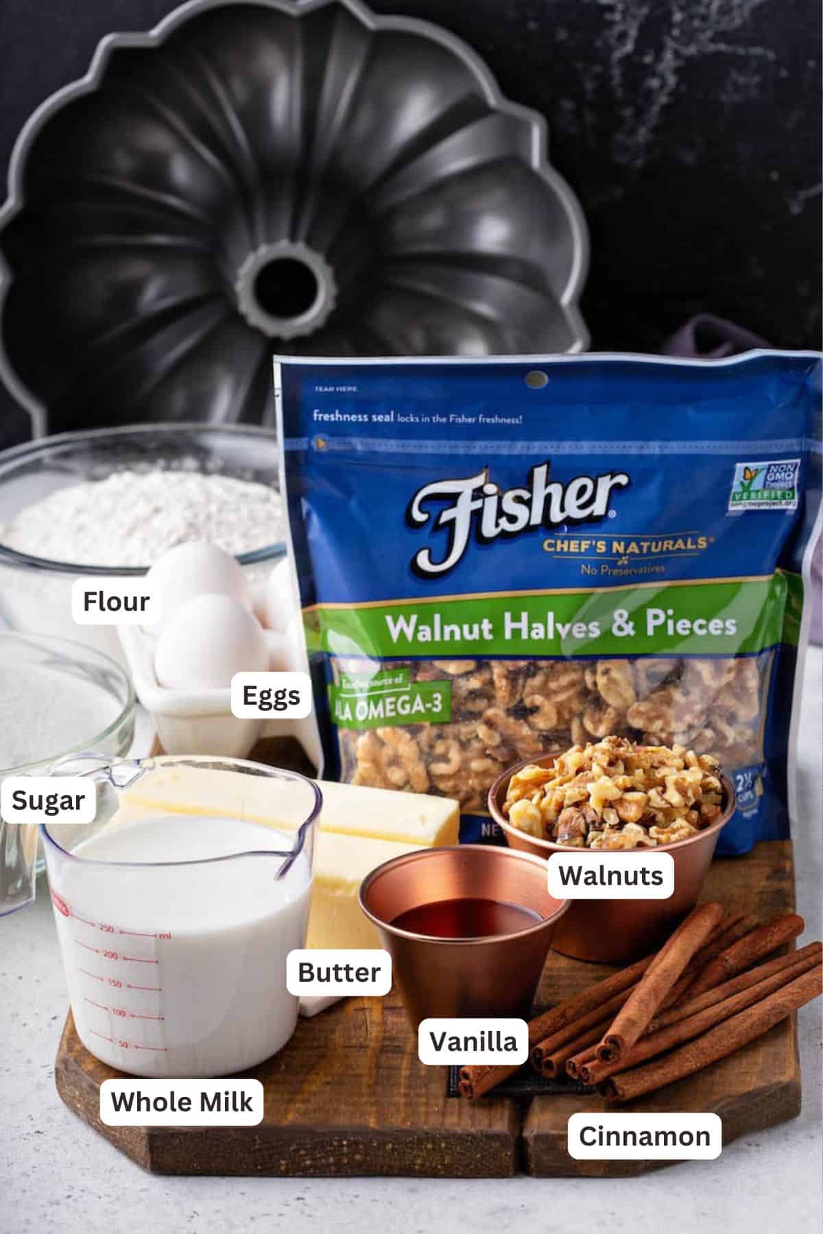 Ingredients for Walnut Rum Cake.