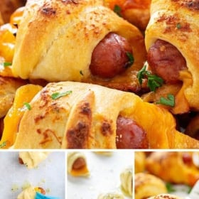 Cheesy ranch pigs in a blanket are prepared on a baking sheet.