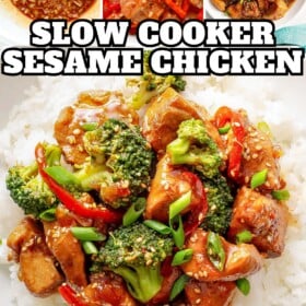 Sauce is whisked in a bowl, peppers and chicken are in the slow cooker and cooked sesame chicken is on rice.