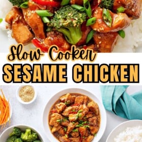 Sesame chicken, broccoli and red onions are presented with white rice.