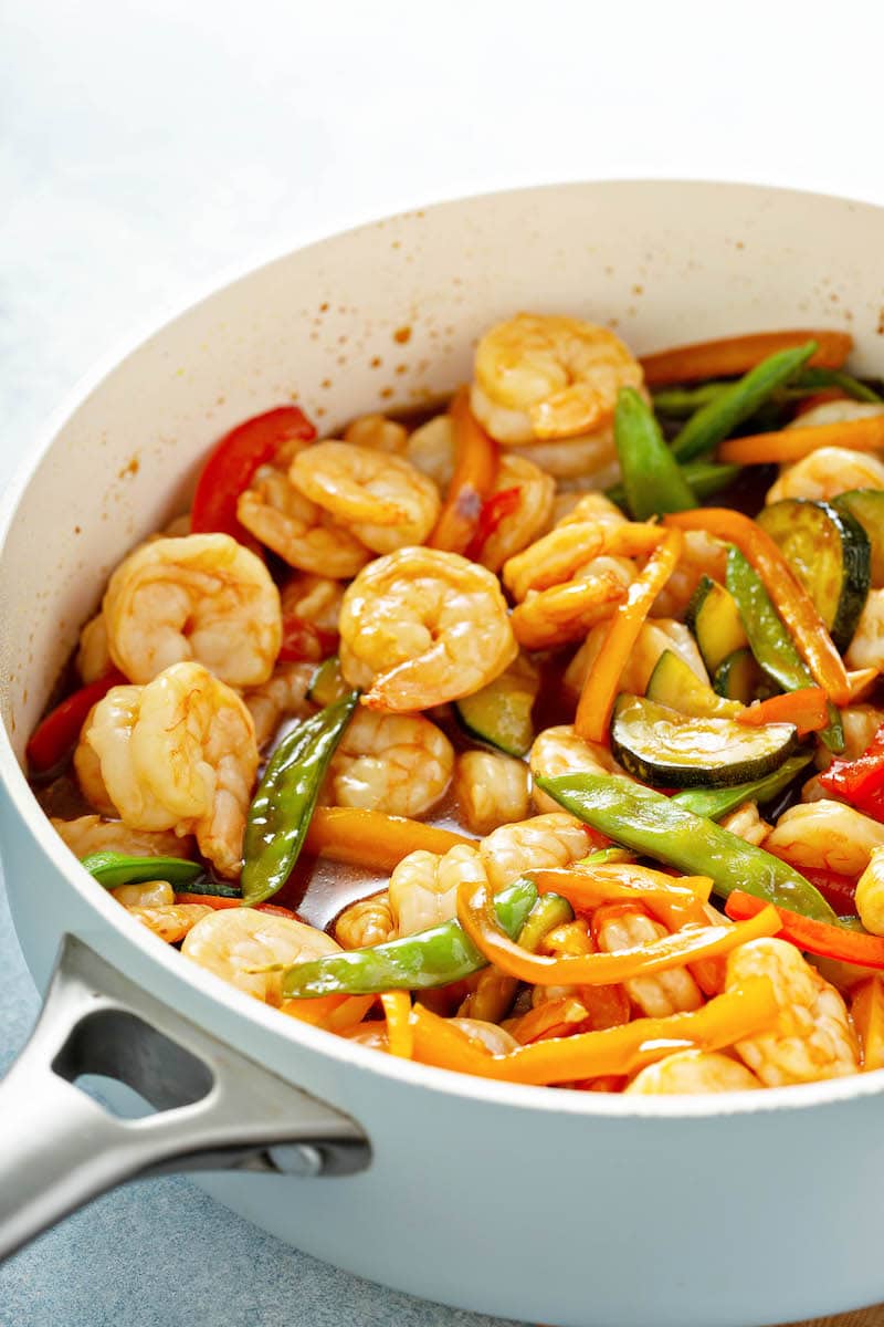 Teriyaki Shrimp StirFry in a white pan