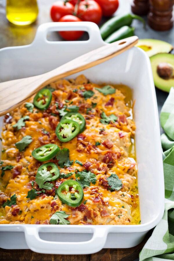 Jalapeno Popper Chicken in a baking dish. 