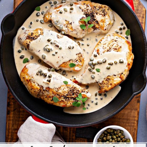 Lemon Caper Chicken in a Red Cast Iron Skillet - This is a low carb 30 minute meal