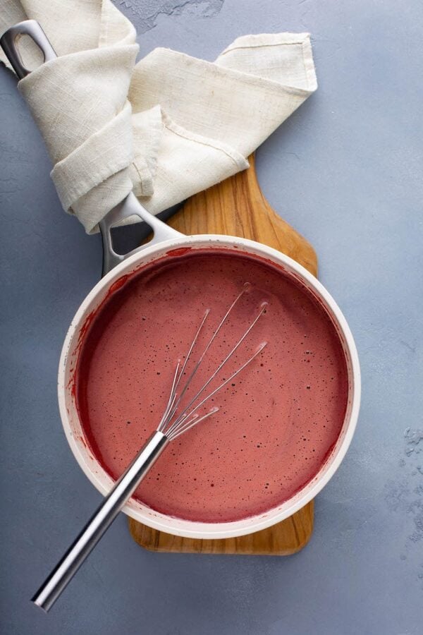 Red Velvet Hot Chocolate in a sauce pan 