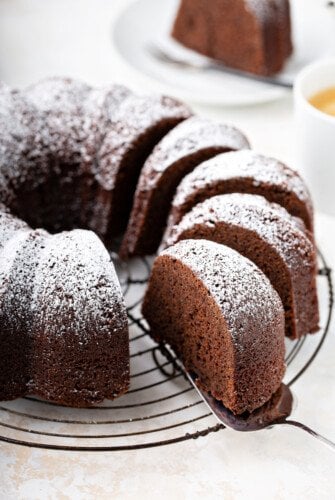 Root Beer Pound Cake sliced into slices on a cooling tray.