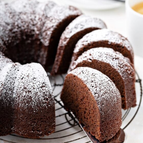 Root Beer Pound Cake sliced into slices on a cooling tray.