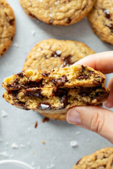 These chocolate chunk cookies are filled with big pieces of chocolate and are crispy on the outside and soft on the inside.
