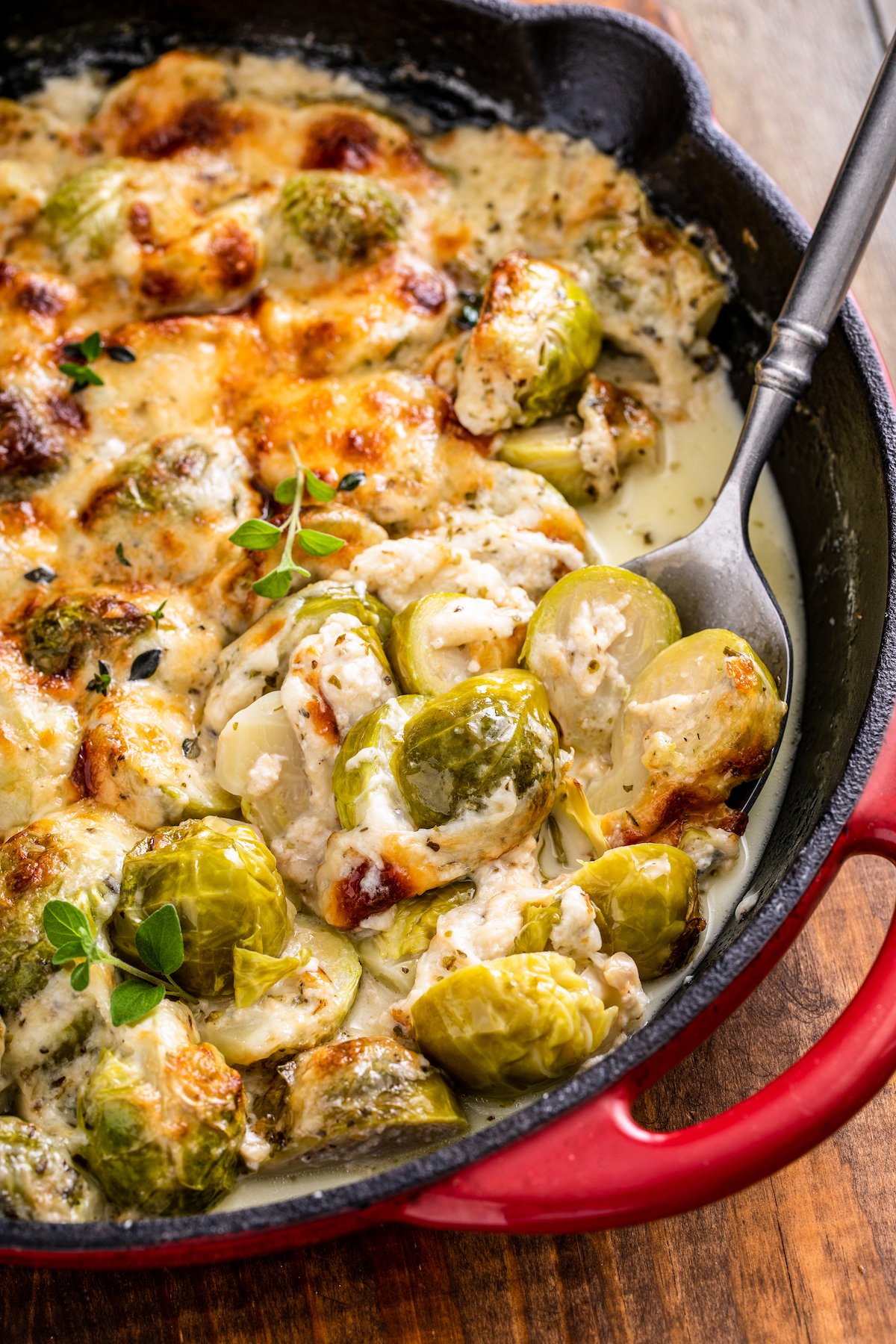 Creamy baked brussel sprouts on a spoon.
