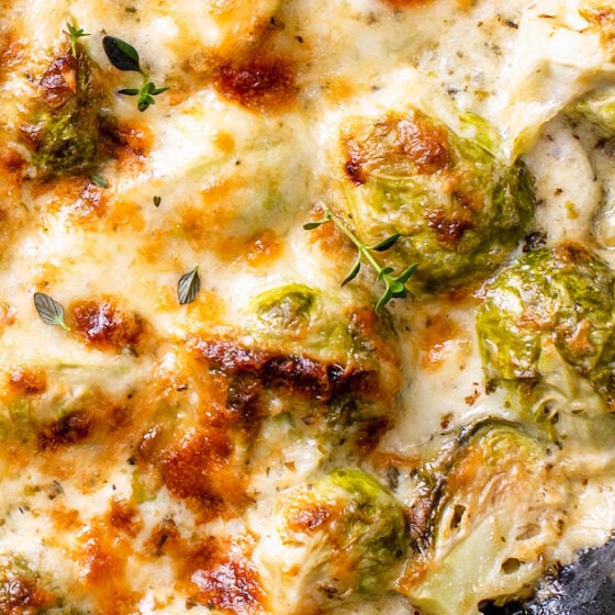 Recipe card photo for creamy baked brussel sprouts