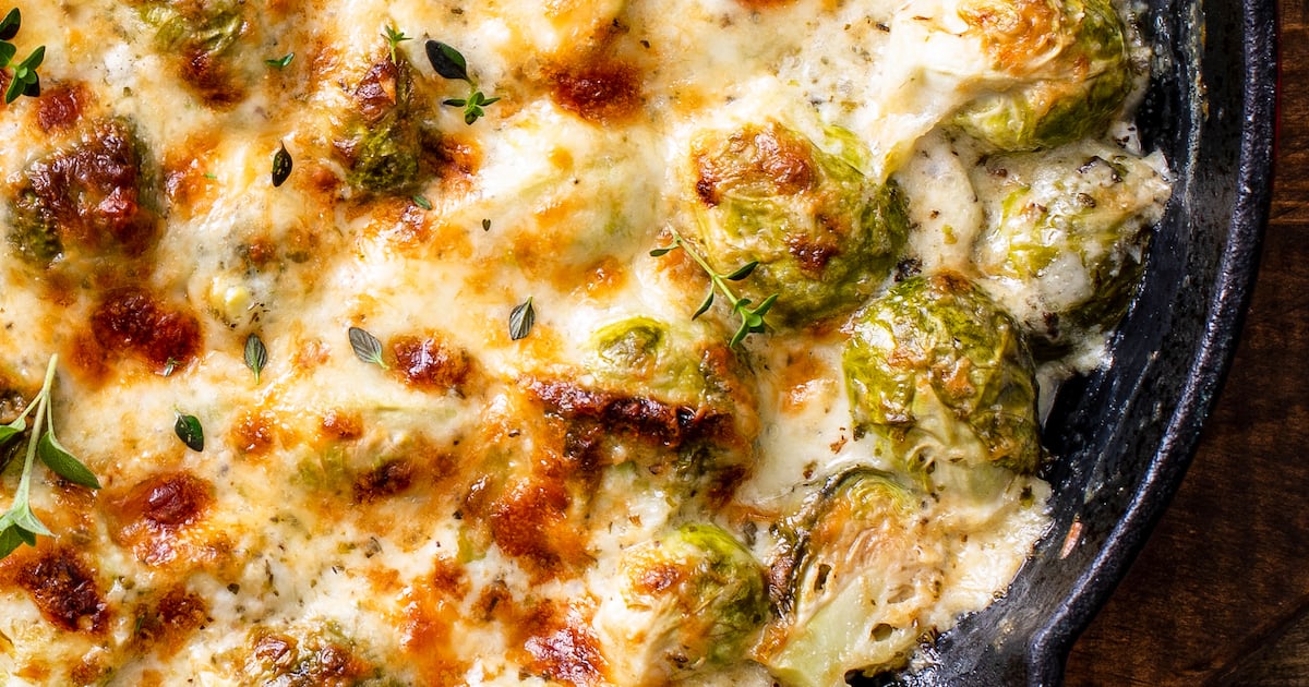 Recipe card photo for creamy baked brussel sprouts