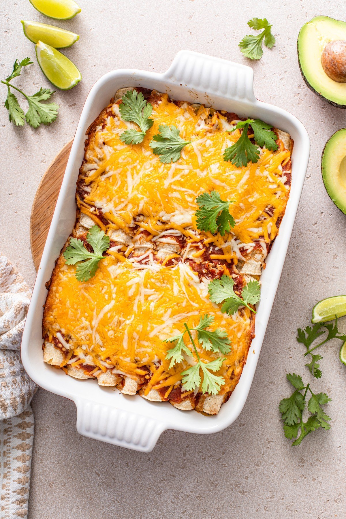 Overhead view of a baking dish of vegetarian enchiladas
