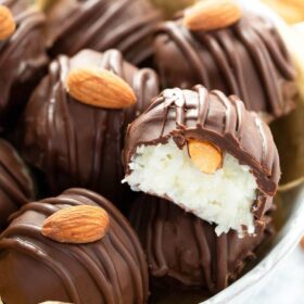 Almond Joy Truffles Piled Up in a Clay Bowl